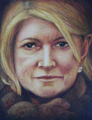 Martha Stewart close up in a fur painted in watercolor and pencil