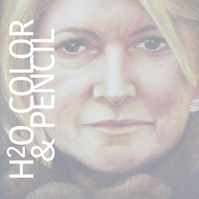 Martha Stewart close up in a fur in watercolor and pencil