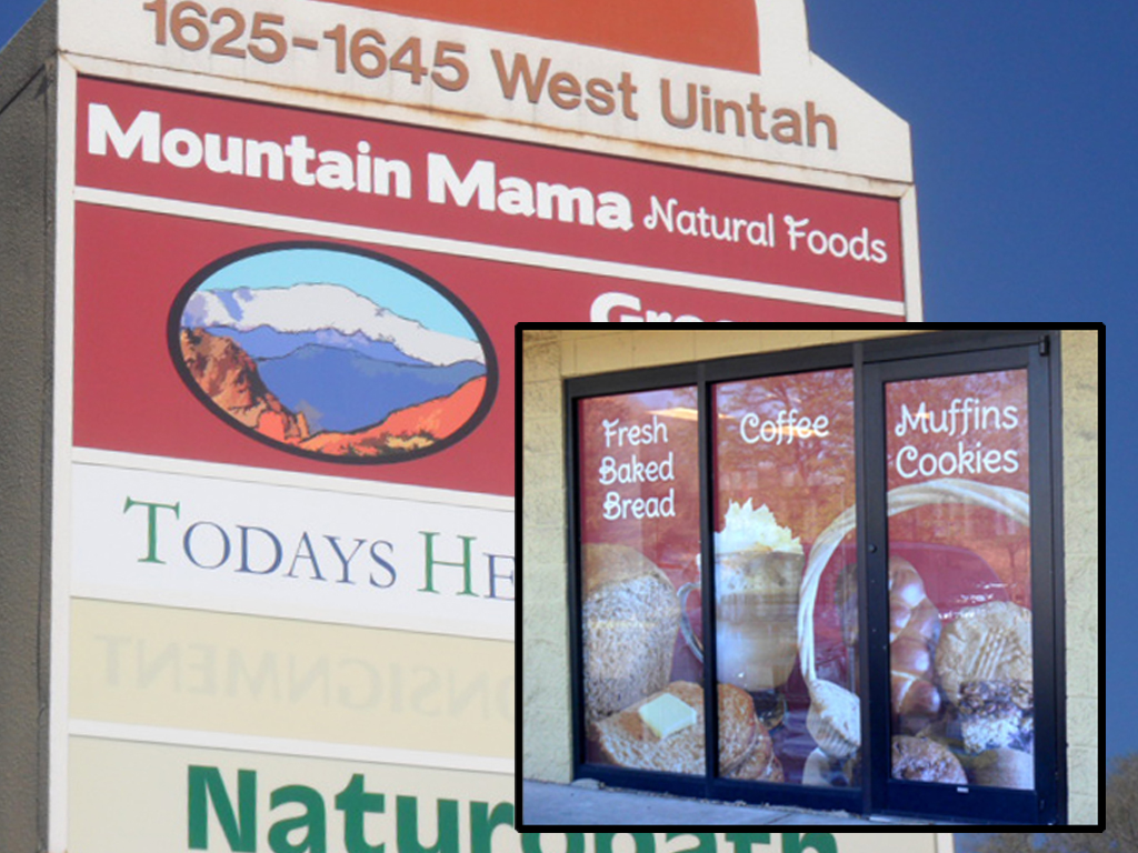 Mountain Mama Natural Foods Store signs and vinyl in windows